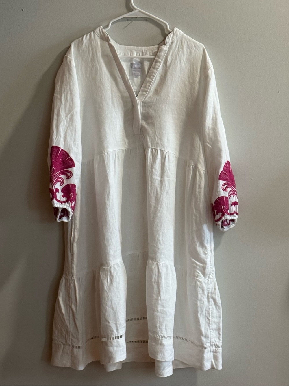Chico’s White Linen Embroidered Sleeve Tiered Dress Size 3 XL NWT